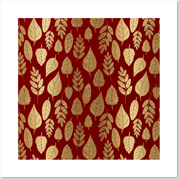Gold and Red Leaf Pattern Wall Art by tanyadraws